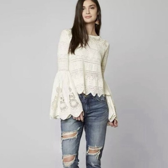 Free People Cream Crocheted Lace Bell Sleeve Top, Size XS Romantic Boho - Picture 2 of 15